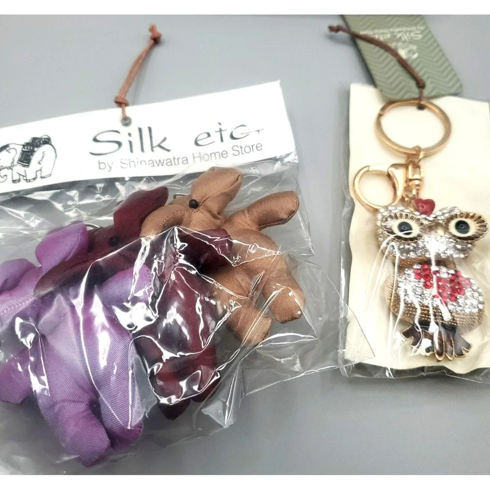 OWL KEY CHAIN Rhinestones SILK‎ Elephants Shinawatra Thailand FREE USA SHIPPING